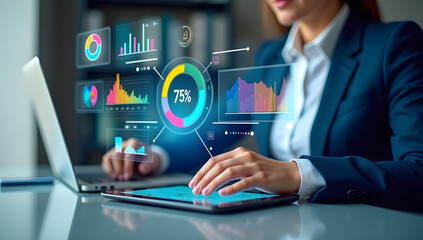 A business professional analyzing futuristic digital graphs and analytics dashboards on a tablet, showcasing data visualization, financial growth, and business intelligence in a modern tech environmen