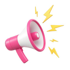 3d pink megaphone with lightning bolts isolated on transparent background