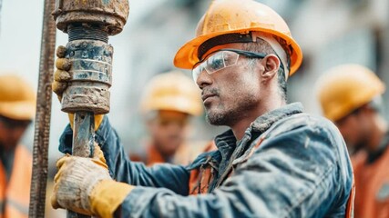 Oil Rig Worker at Work: A focused worker in a hardhat and safety glasses, engrossed in his work, manipulates machinery, surrounded by a team of colleagues in a dynamic industrial setting.