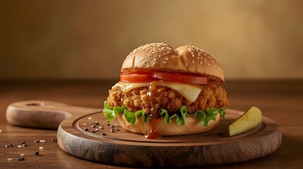 crispy, breaded chicken burger with mozzarella cheese standing on wooden cutting board