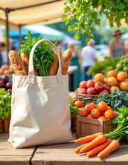 create a painting depicting a canvas bag filled with fresh bread and carrots at a farmers market