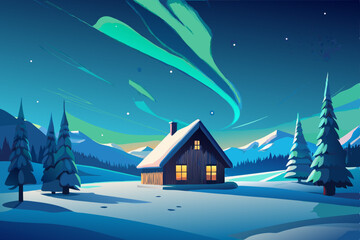 Fototapeta premium tiny cabin in a vast snowfield with northern light.svg