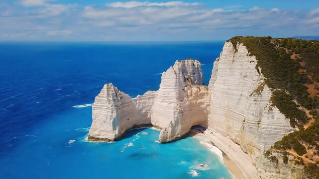 Stunning white cliffs meeting turquoise sea at Shipwreck Beach (Navagio), Zakynthos, Greece. Ideal for travel vlogs, tourism, or adventure content.