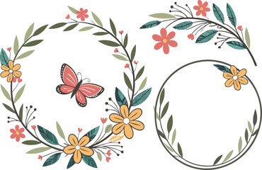 Summer Floral Wreaths and Frames illustration collection. Colorful Summer Floral Wreaths and Frames design set. Summer Floral Wreaths and Frames icons and elements. Summer Floral Wreaths and Frames