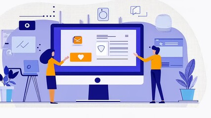 Two professionals interact with a large computer screen displaying various digital icons and data - Powered by Adobe