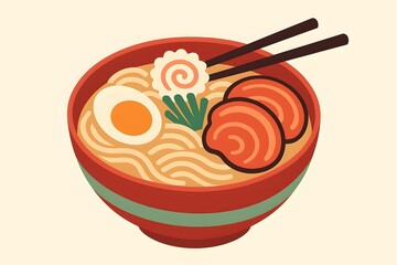 Japanese Ramen Noodles Bowl with Egg & Meat Illustration