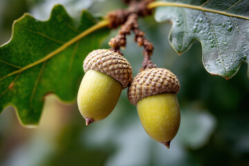 Fototapeta premium Acorns on English oak leaves (Quercus robus)