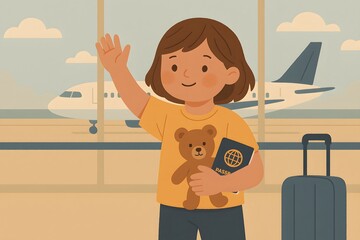 Travel Adventure: Happy Child with Teddy Bear and Passport at the Airport