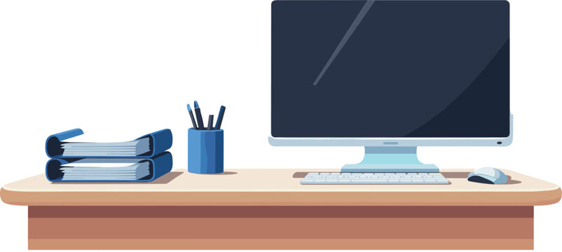 Modern office desk setup with computer monitor, keyboard, mouse, folders, pen holder, clean workspace, digital work environment, vector illustration