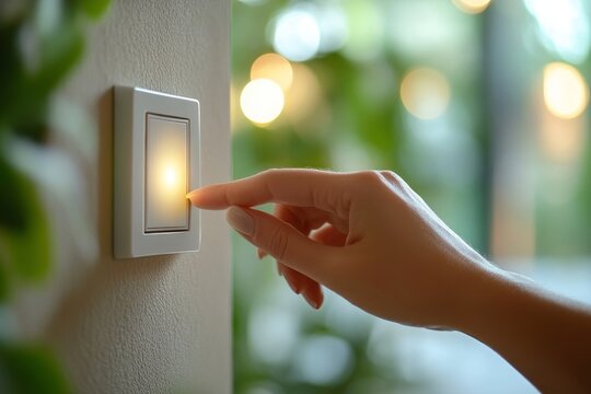 Save energy concept, close-up view of a person turning off the light switch before leaving home to save electricity and reduce bills., Generative AI