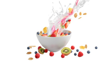 A bowl of cereal with milk pouring over it and fruit like strawberries and blueberries around it all
