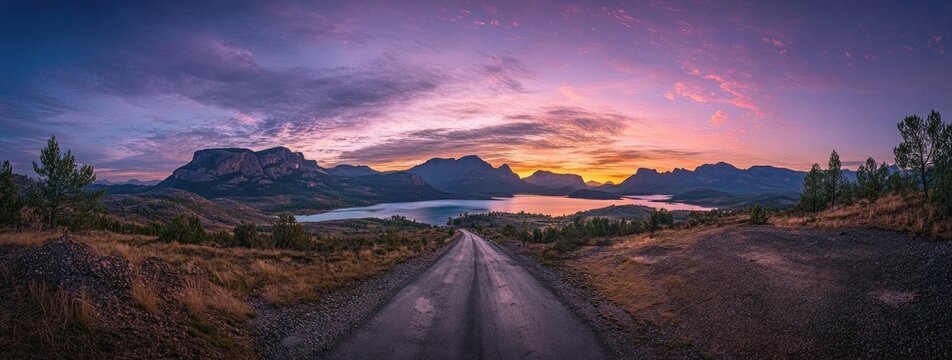 Scenic mountain road at sunset over a lake