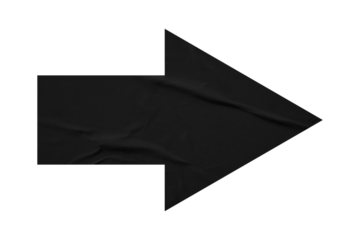 Black crumpled paper arrow isolated on transparent background.