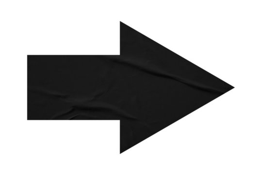 Black crumpled paper arrow isolated on transparent background.
