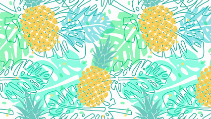Tropical pattern with pineapples and monstera leaves in teal green and yellow on white background
