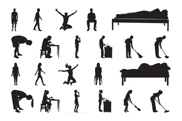 Daily Human Activity Silhouette Icon Set – Black and White Vector People in Motion