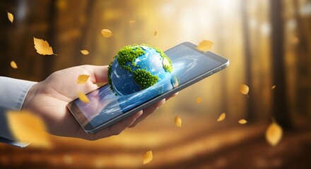 Digitally Molded Earth in Hand with Autumn Leaves