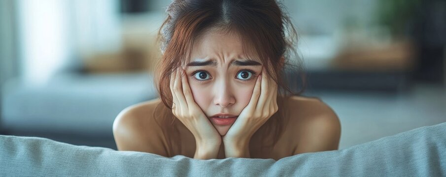 Unhappy, anxious young Asian woman covering her face with a pillow on the couch in her living room, feeling emotional distress., Generative AI