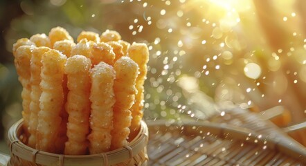 Golden fried dough sticks in a bamboo basket