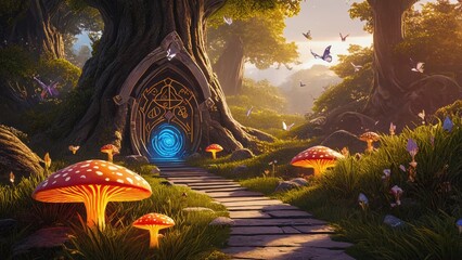 Enchanting forest doorway revealing magical realm fantasy landscape nature scene serene environment dreamlike