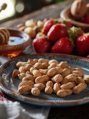 Peanuts and fruits on a plate