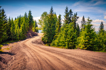 Splendid summer view of new ground road in the mountain fir tree forest. Wonderful morning scene of Carpathian mountains, Ukraine, Europe. Beauty of countryside concept background.