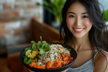 Asian healthy lifestyle blogger sharing a healthy meal recipe on her live streaming channel., Generative AI