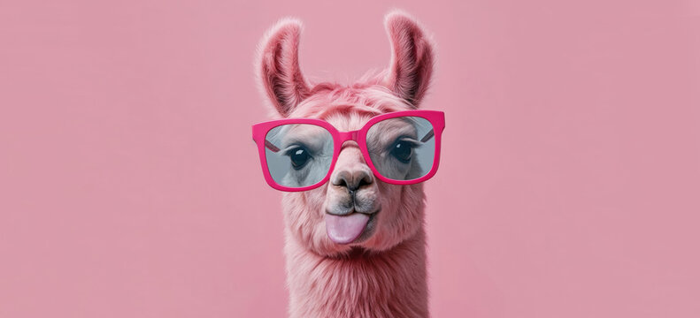 Whimsical silly pink llama jokingly sticking out tongue in oversized blue shaded sunglasses on pastel pink. Party card, kids greeting template