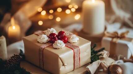 A brown box with red and white frosting on it
