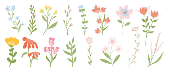 Collection of spring colorful flower elements vector. Set floral of wildflower, leaf branch, foliage on white background. Hand drawn blossom illustration for decor, easter, thanksgiving, clipart.