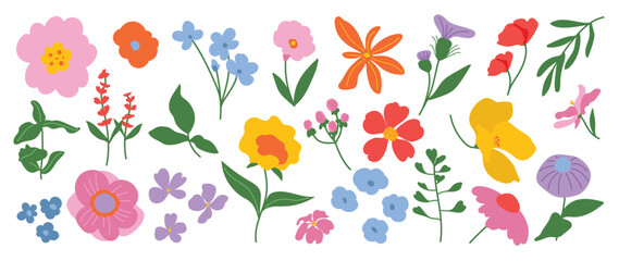 Collection of spring colorful flower elements vector. Set floral of wildflower, leaf branch, foliage on white background. Hand drawn blossom illustration for decor, easter, thanksgiving, clipart.