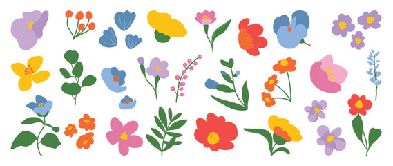 Collection of spring colorful flower elements vector. Set floral of wildflower, leaf branch, foliage on white background. Hand drawn blossom illustration for decor, easter, thanksgiving, clipart.