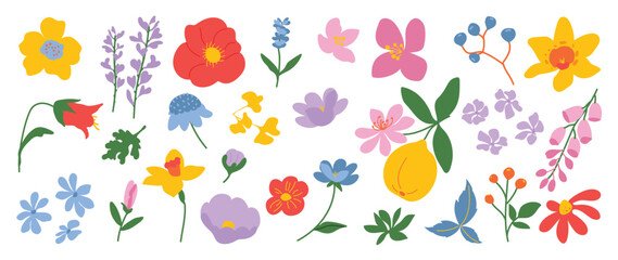 Collection of spring colorful flower elements vector. Set floral of wildflower, leaf branch, foliage on white background. Hand drawn blossom illustration for decor, easter, thanksgiving, clipart.