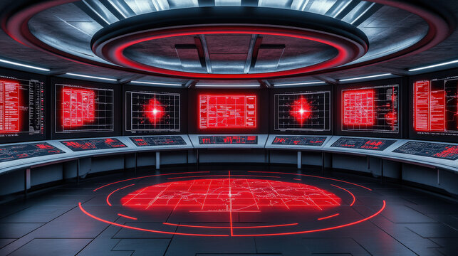 Futuristic Border Surveillance Room with Glowing Maps and Radar Symbols Indicating Alert Zones