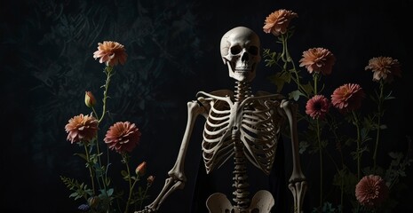 Still Life Photography of a Skeleton with Peach Flowers Dark Background Artistic Floral Artwork