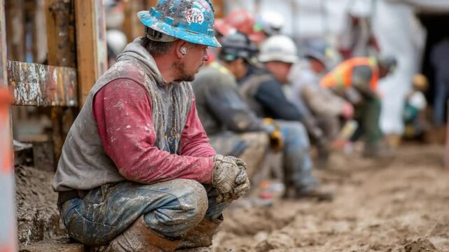Waiting for Work: A weathered worker with dirt-covered attire, patiently waiting amidst a construction site, reflects upon his day under the sun while his team takes a breather from work.