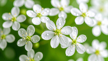 Delicate white flowers with water droplets on petals create fresh and serene close up scene against vibrant green background, highlighting nature gentle beauty and purity