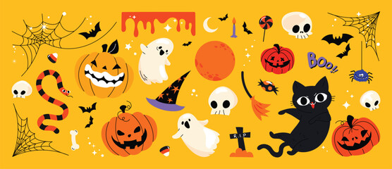 Happy Halloween day element background vector. Cute collection of spooky ghost, pumpkin, bat, candy, moon, skull, spider, grave, worm. Adorable halloween festival elements for decoration, prints.
