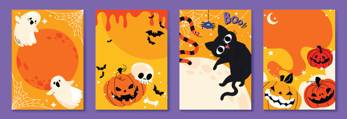 Fototapeta premium Happy Halloween vertical background vector set. cute collection spooky ghost, pumpkin, bat, candy, moon, skull, spider, cat. Illustration Halloween festival for decoration, prints, website, promotion.