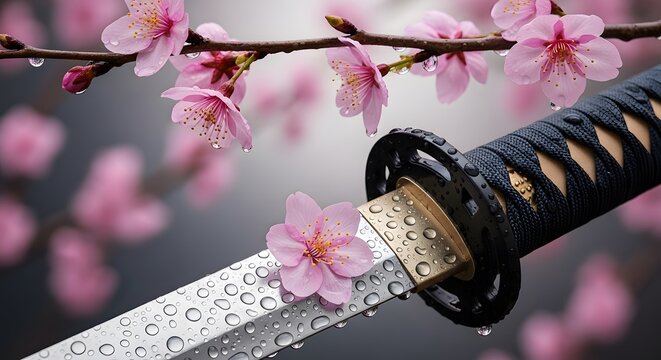 cherry blossom on a branch.Katana Sword Adorned with Delicate Cherry Blossoms: A Harmony of Strength and Beauty.