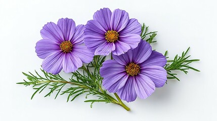 Delicate purple cosmos flowers arranged on a white background.