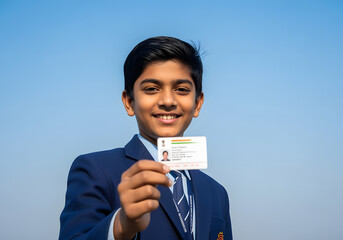 A smiling Indian student in a dark blue uniform holds a blurred Aadhaar card against a sky backdrop.
