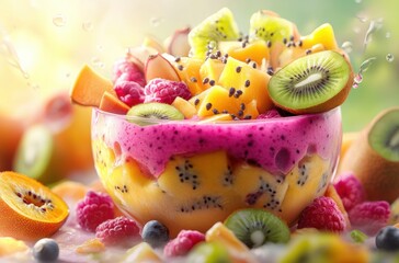 Vibrant tropical fruit smoothie bowl with dragon fruit, passion fruit, and kiwi