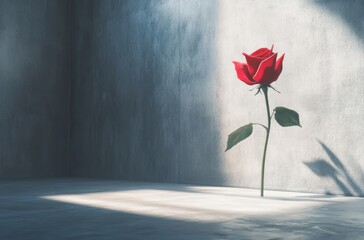 Vibrant red rose standing alone in a minimalist setting, dramatic lighting