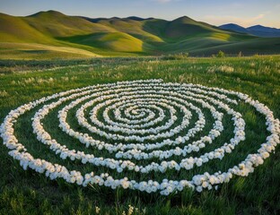Spiral of white flowers on a grassy field, hills in background