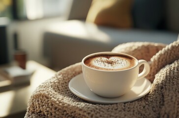 Warm cozy coffee scene with a perfectly made cappuccino in a stylish cup,