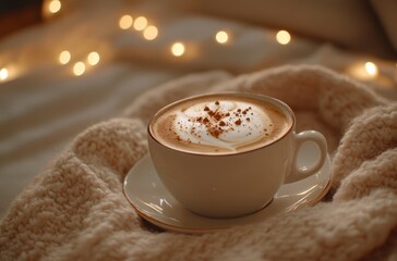 Warm cozy coffee scene with a perfectly made cappuccino in a stylish cup