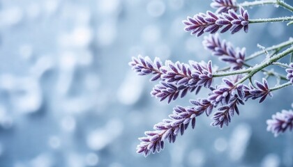 Lavender branches with frost against a blue background  