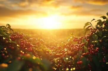 Wide shot of a coffee tree plantation at sunrise, warm golden glow highlighting
