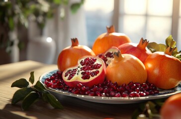 Winter fruit platter featuring persimmons, pears, and pomegranates, 